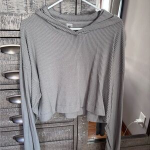 Gray Ribbed Women's Hoodie Top
